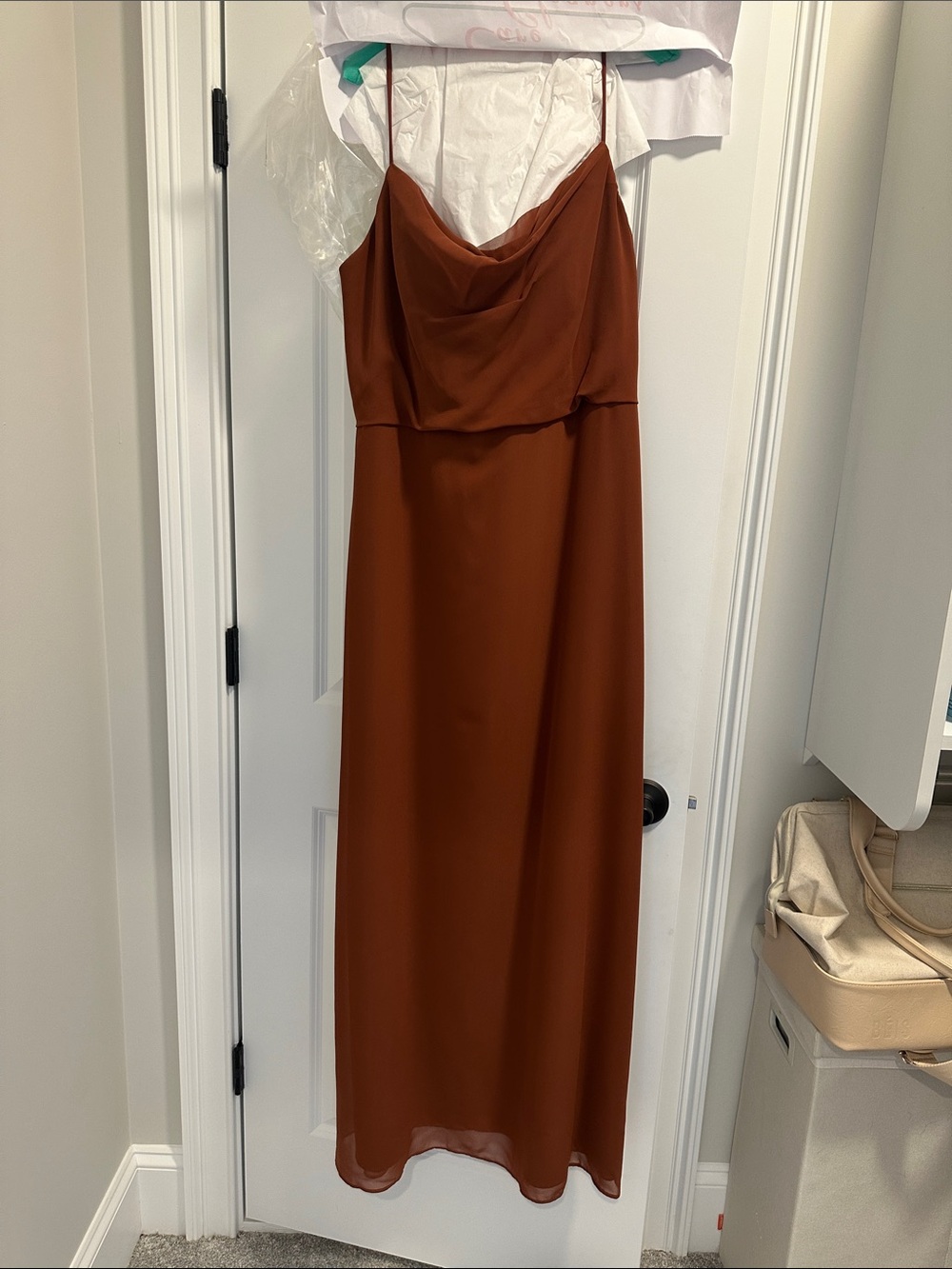 Revelry Rust Satin Cowl Neck Gown